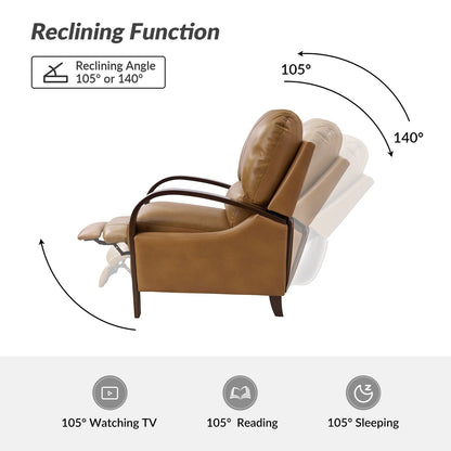 Alex Mid-century Modern Cigar Genuine Leather Manual Recliner with Wooden Curved Arms, Set of 2