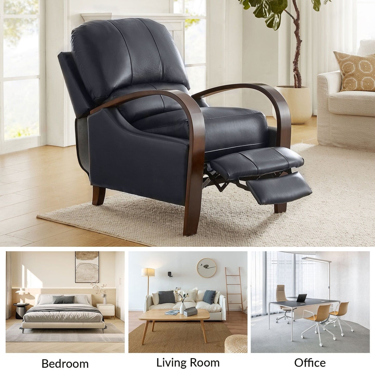 Alex Mid-century Modern Cigar Genuine Leather Manual Recliner with Wooden Curved Arms, Set of 2