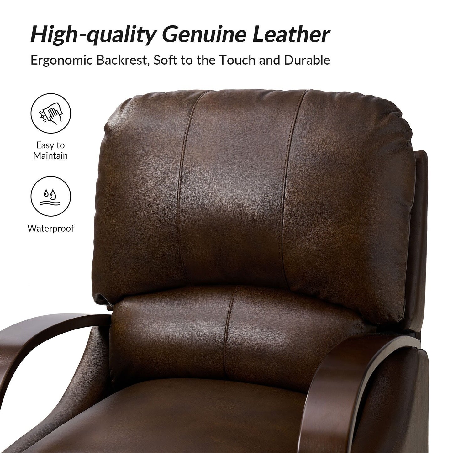 Alex Mid-century Modern Cigar Genuine Leather Manual Recliner with Wooden Curved Arms, Set of 2