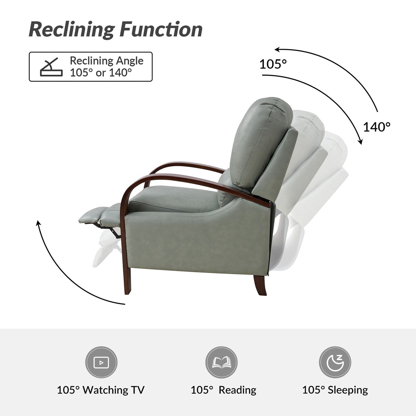 Alex Mid-century Modern Cigar Genuine Leather Manual Recliner with Wooden Curved Arms, Set of 2