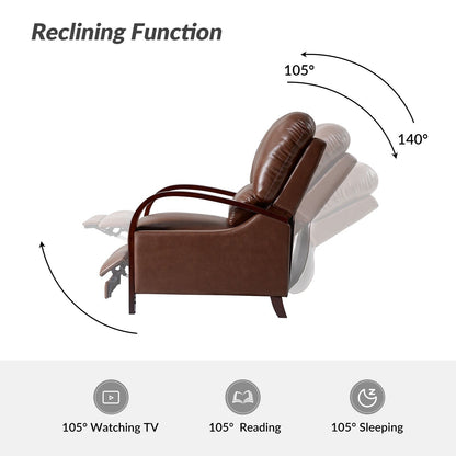 Alex Mid-century Modern Cigar Genuine Leather Manual Recliner with Wooden Curved Arms, Set of 2