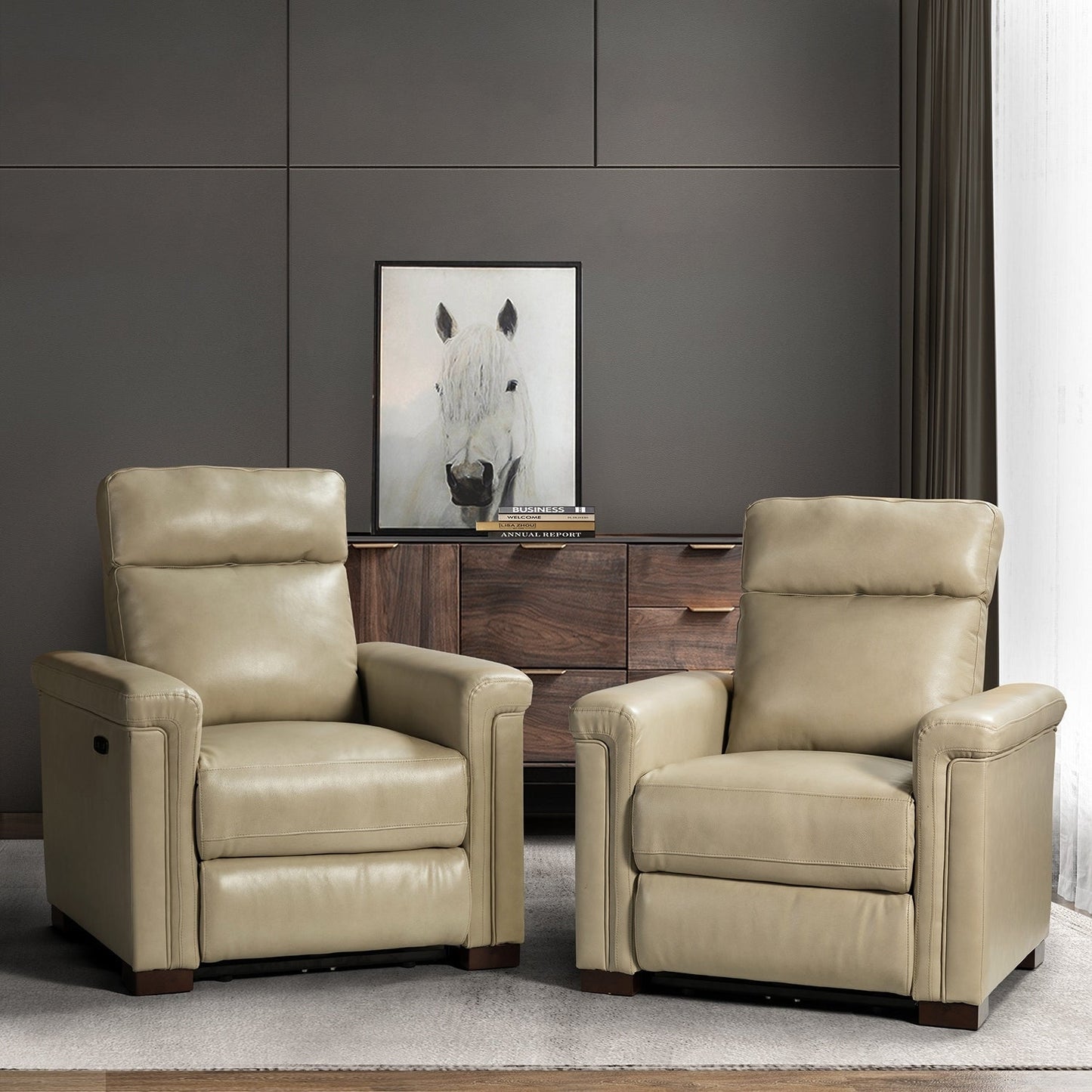 Alicia 34.65 Wide Contemporary Classic Genuine Leather Power Recliner With USB Port (Set of 2)