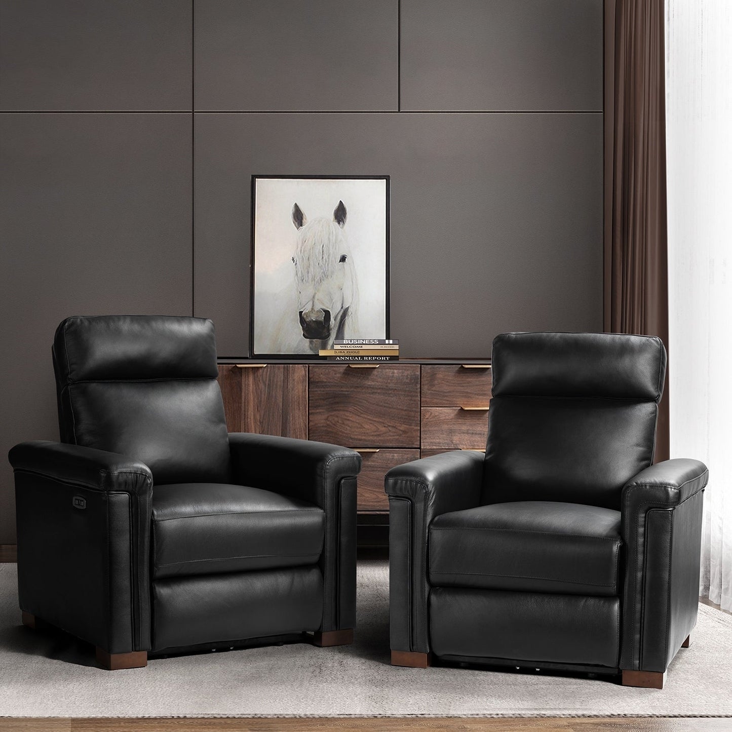 Alicia 34.65 Wide Contemporary Classic Genuine Leather Power Recliner With USB Port (Set of 2)