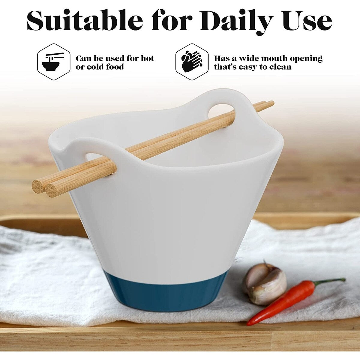 American Atelier Udon Ramen Handled Bowl w/ Chopsticks Rest Set of 2 - 25 oz