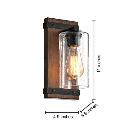 Anastasia Antique Black Metal and Natural Wood Base Glass Wall Sconce