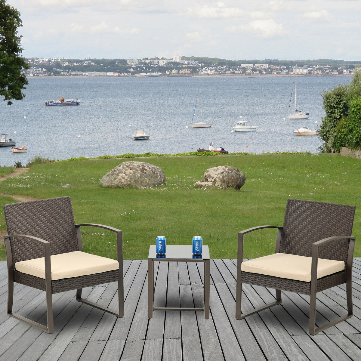 Aoodor 3-Piece Patio Furniture Set - Outdoor Rattan Wicker Chairs with Table, Sofa Set Including Cushions - N/A