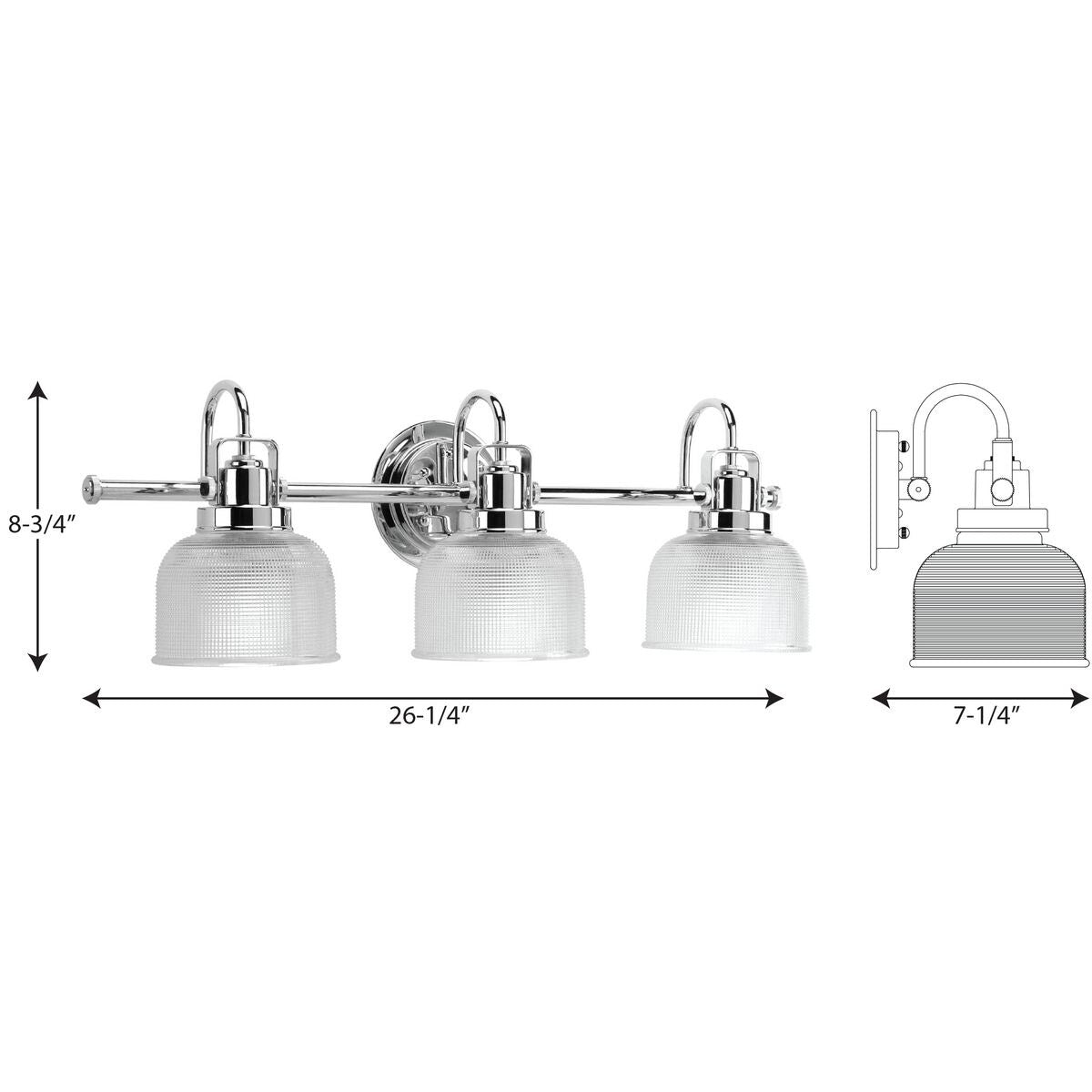 Archie Collection Three-Light Polished Chrome Clear Double Prismatic Glass Coastal Bath Vanity Light - 8.75 x 26.25 x 7.25