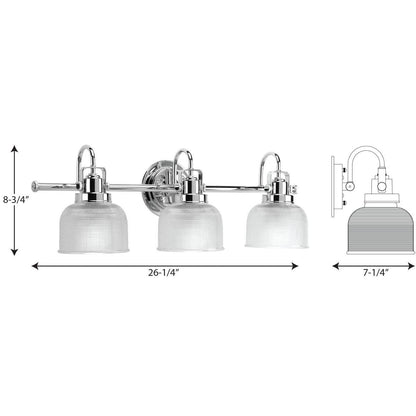 Archie Collection Three-Light Polished Chrome Clear Double Prismatic Glass Coastal Bath Vanity Light - 8.75 x 26.25 x 7.25