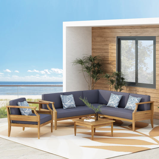 Aston Outdoor Mid-Century Modern Acacia Wood Sectional Chat Set by Christopher Knight Home