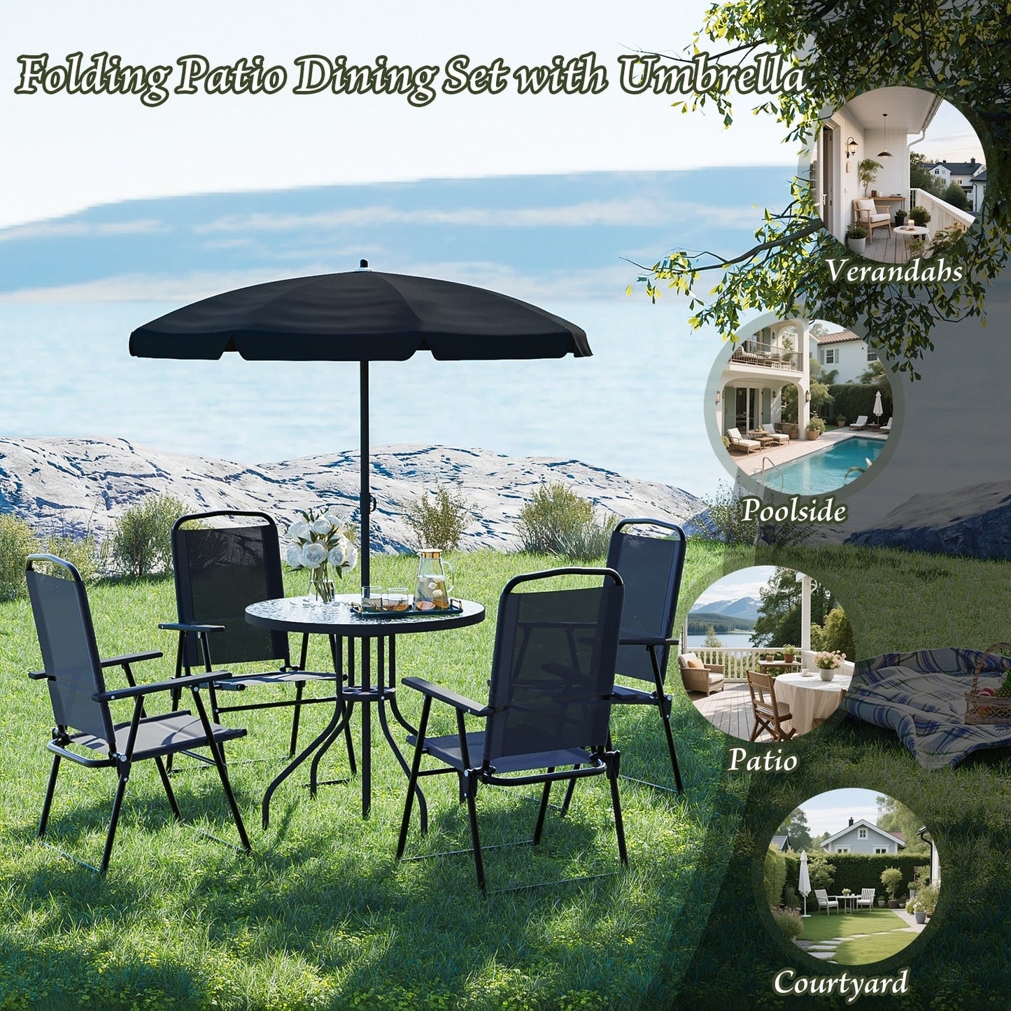 BOSSIN 6 Piece Foldable Metal Outdoor Dining Set with Umbrella, Table & Chairs for Deck, Lawn, Backyard