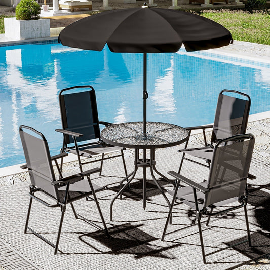 BOSSIN 6 Piece Foldable Metal Outdoor Dining Set with Umbrella, Table & Chairs for Deck, Lawn, Backyard