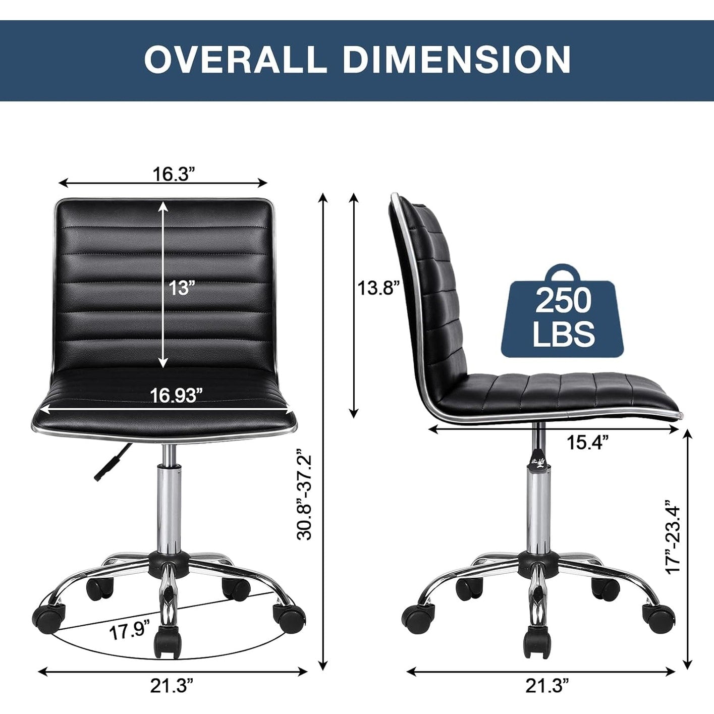 BOSSIN Adjustable Home Office Chair, Mid-Back Armless Ribbed Swivel Task Chair,Vanity Chair for Small Space, Livingroom Make-up