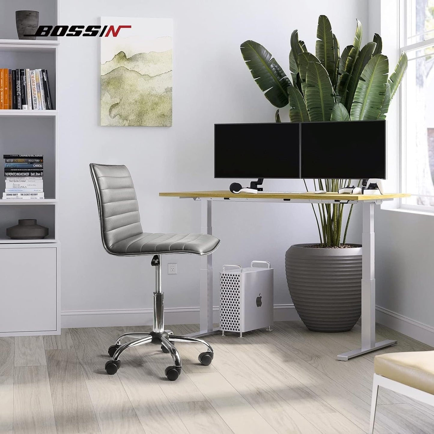 BOSSIN Adjustable Home Office Chair, Mid-Back Armless Ribbed Swivel Task Chair,Vanity Chair for Small Space, Livingroom Make-up