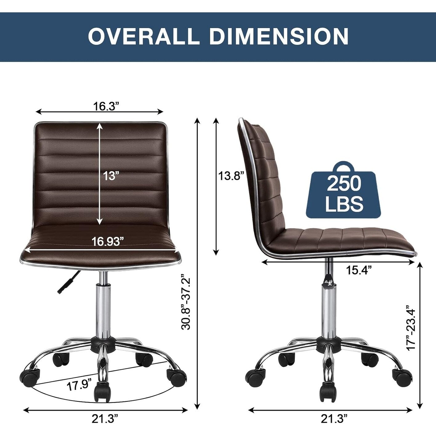 BOSSIN Adjustable Home Office Chair, Mid-Back Armless Ribbed Swivel Task Chair,Vanity Chair for Small Space, Livingroom Make-up