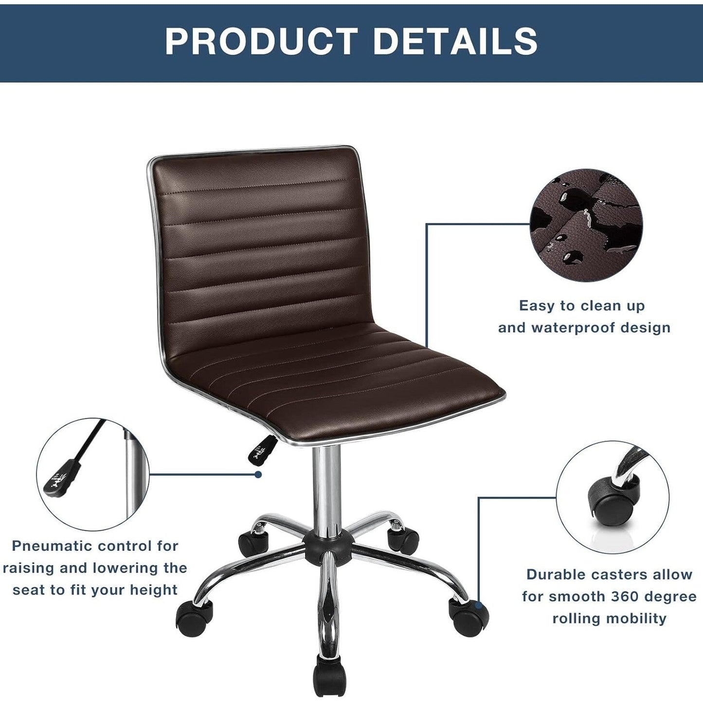 BOSSIN Adjustable Home Office Chair, Mid-Back Armless Ribbed Swivel Task Chair,Vanity Chair for Small Space, Livingroom Make-up