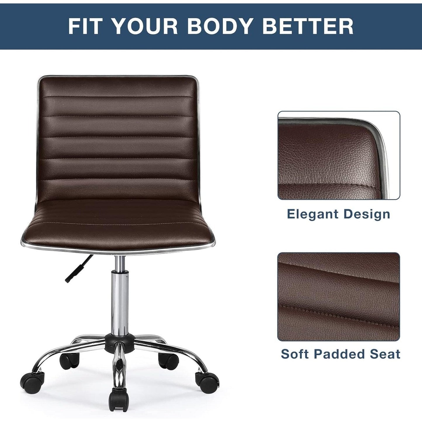 BOSSIN Adjustable Home Office Chair, Mid-Back Armless Ribbed Swivel Task Chair,Vanity Chair for Small Space, Livingroom Make-up