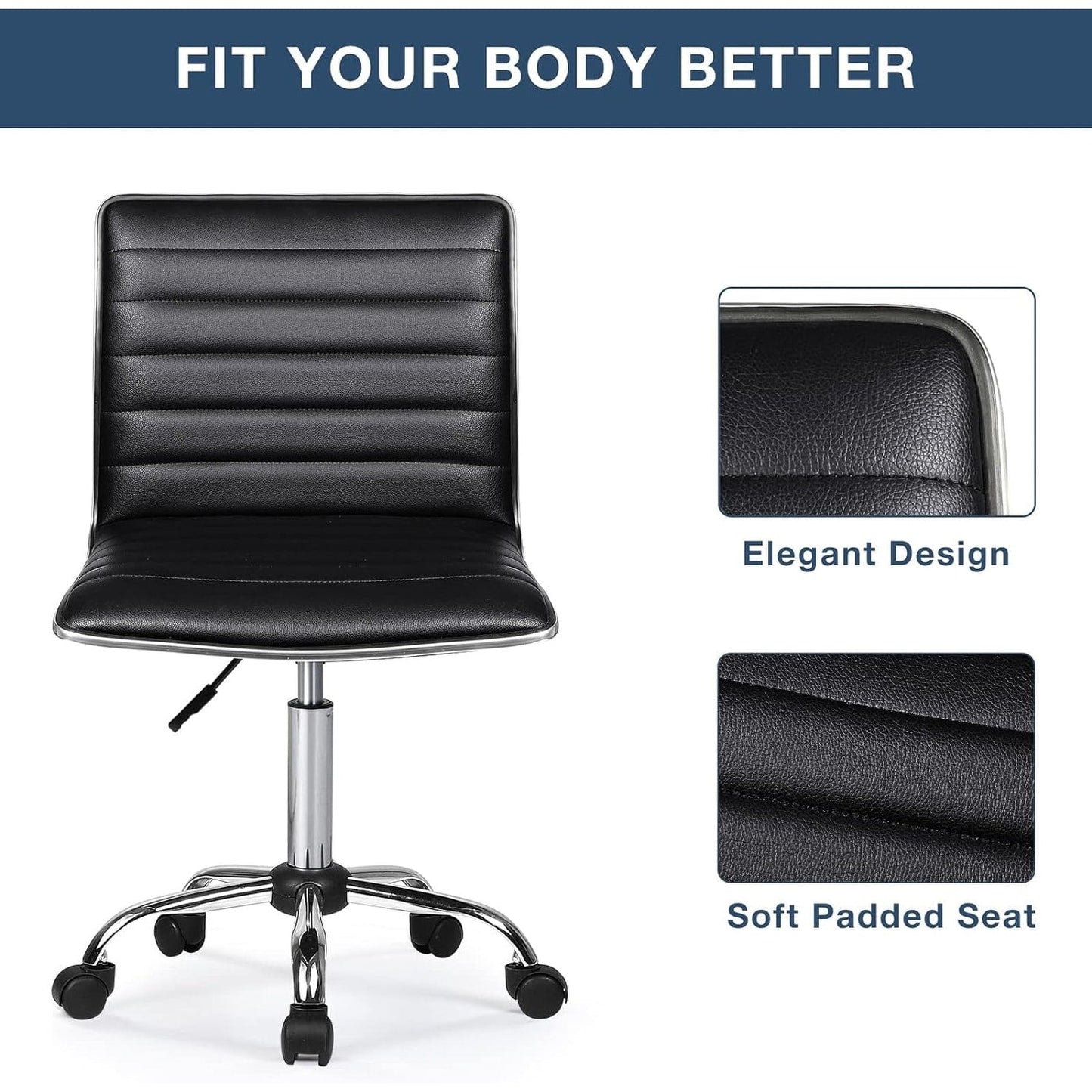 BOSSIN Adjustable Home Office Chair, Mid-Back Armless Ribbed Swivel Task Chair,Vanity Chair for Small Space, Livingroom Make-up