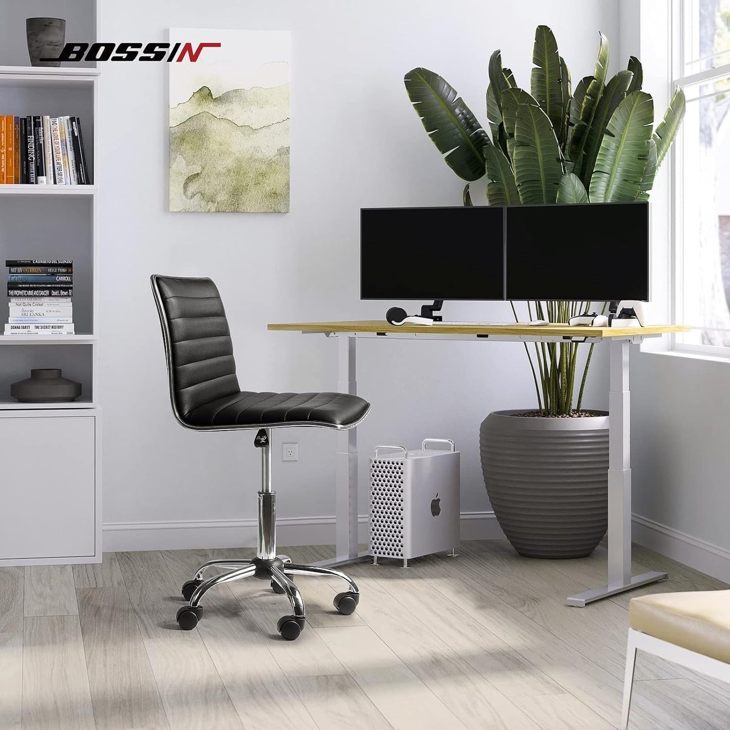 BOSSIN Adjustable Home Office Chair, Mid-Back Armless Ribbed Swivel Task Chair,Vanity Chair for Small Space, Livingroom Make-up