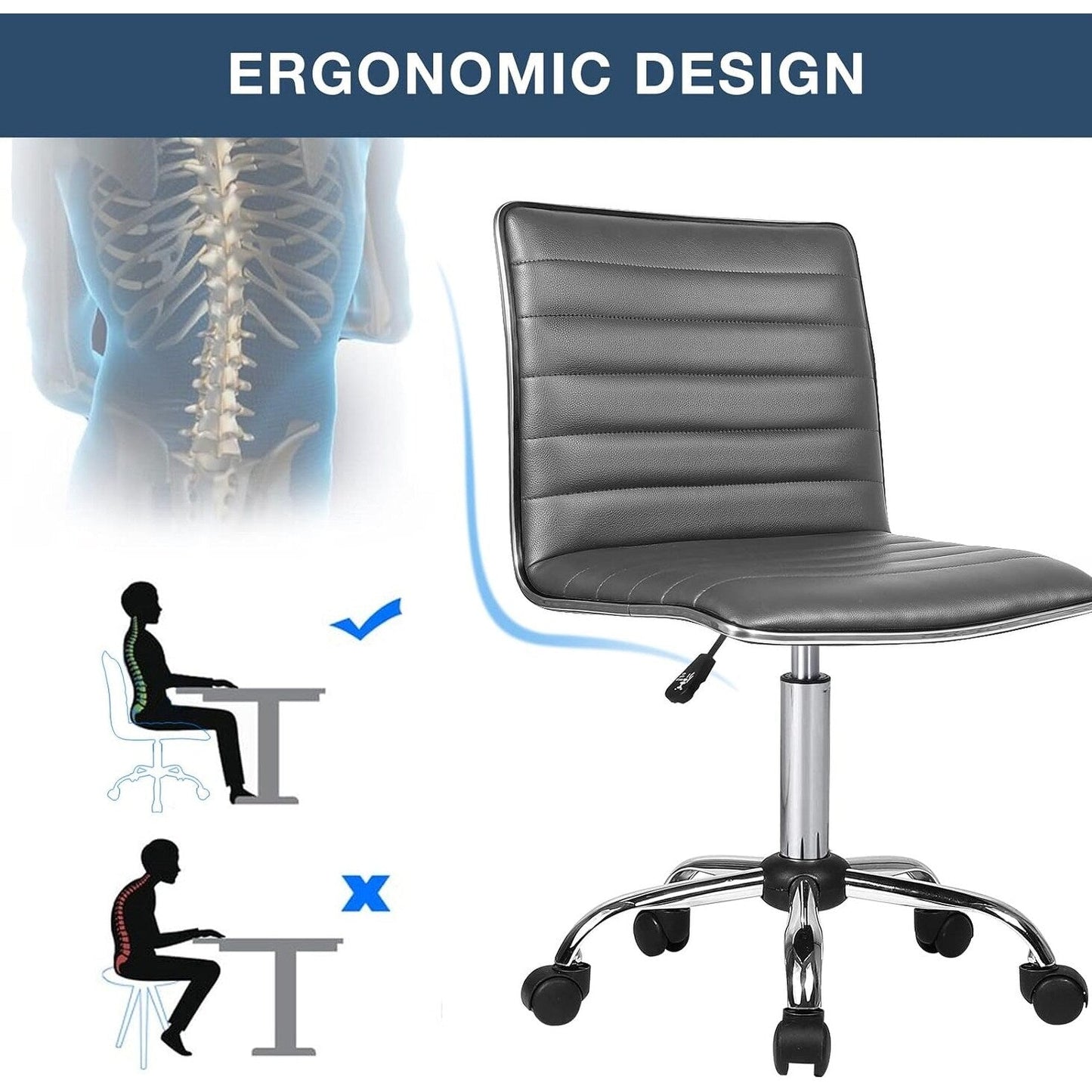 BOSSIN Adjustable Home Office Chair, Mid-Back Armless Ribbed Swivel Task Chair,Vanity Chair for Small Space, Livingroom Make-up