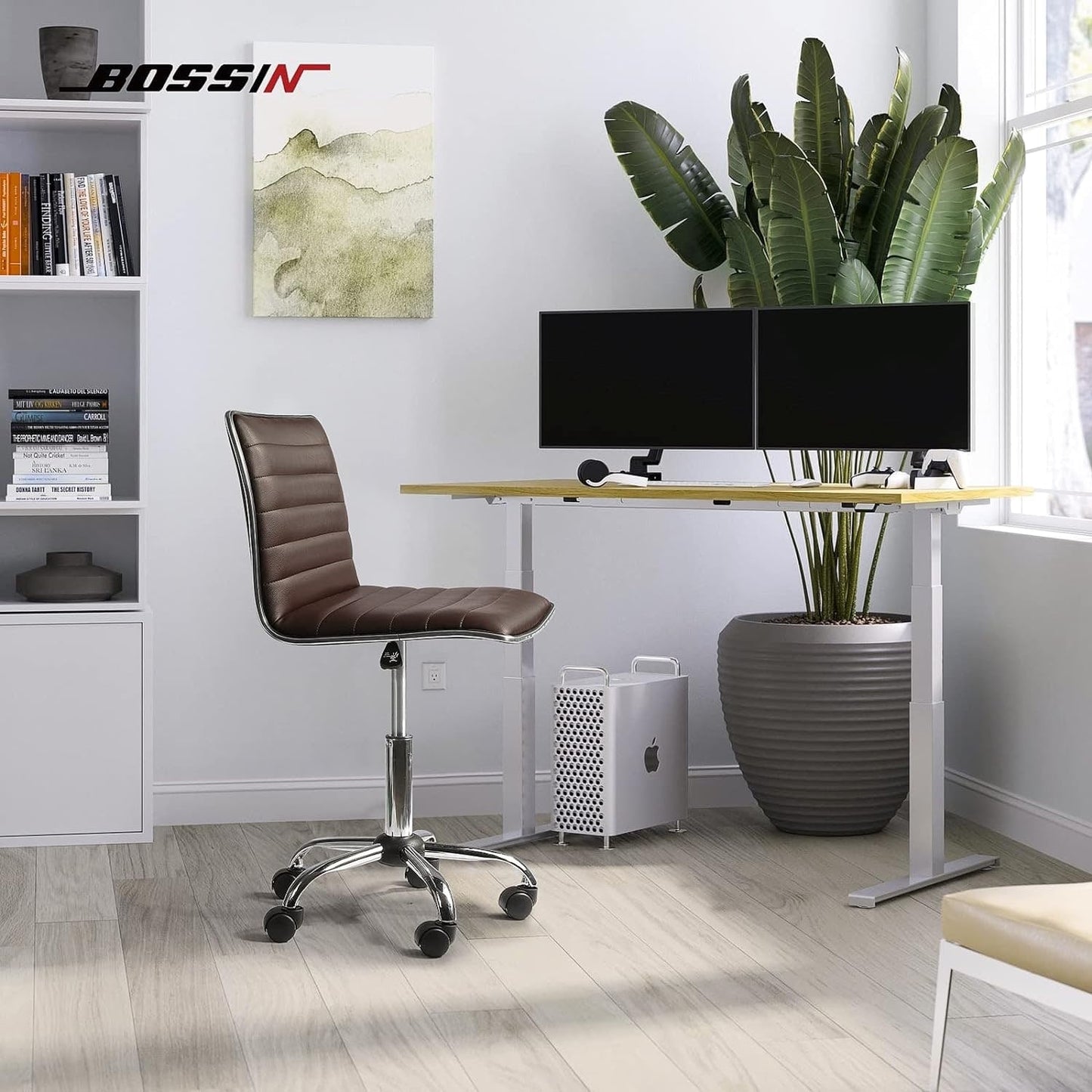 BOSSIN Adjustable Home Office Chair, Mid-Back Armless Ribbed Swivel Task Chair,Vanity Chair for Small Space, Livingroom Make-up
