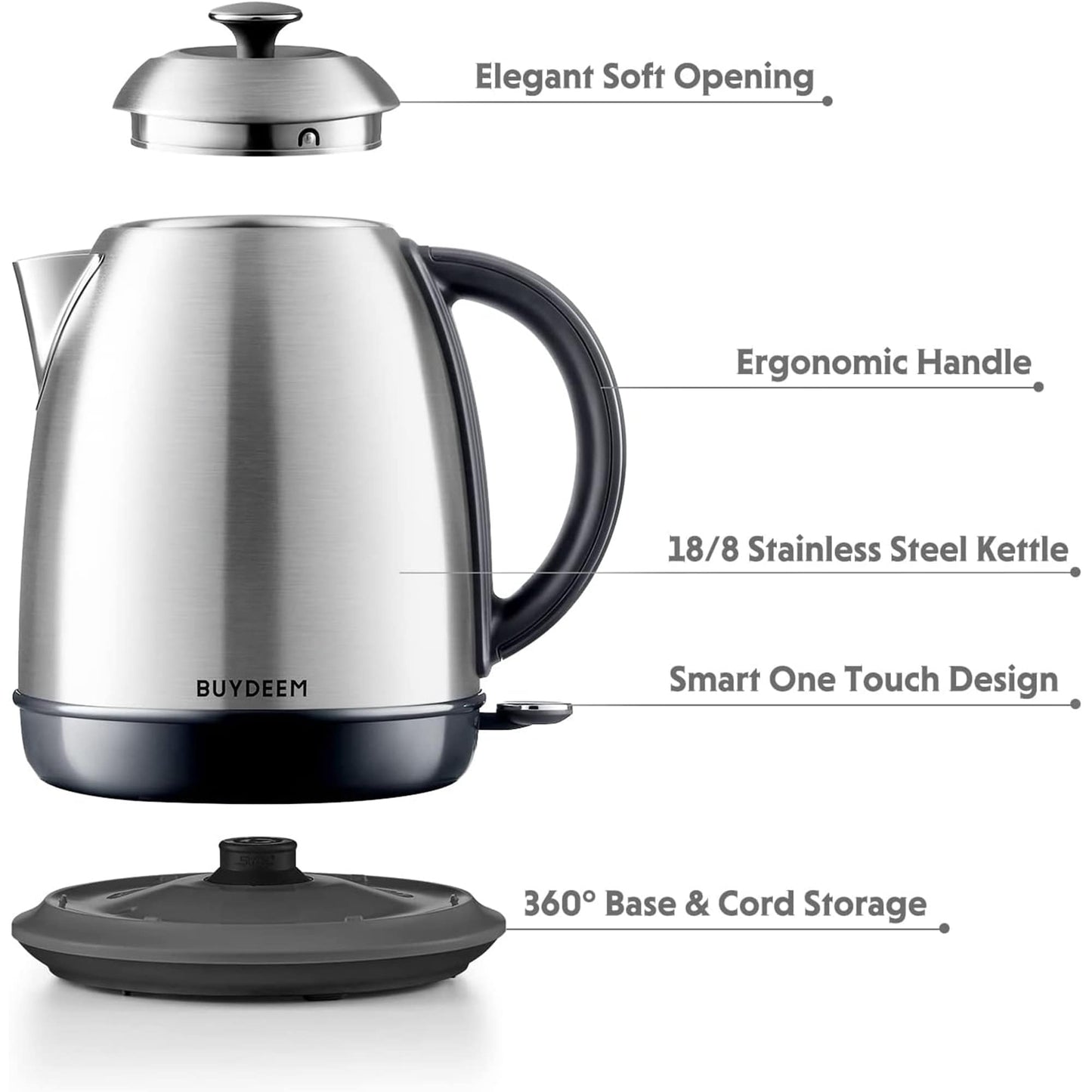 BUYDEEM 1.7L Stainless Steel Electric Tea Kettle with Auto Shut-Off and Boil Dry Protection