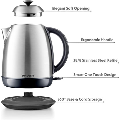 BUYDEEM 1.7L Stainless Steel Electric Tea Kettle with Auto Shut-Off and Boil Dry Protection
