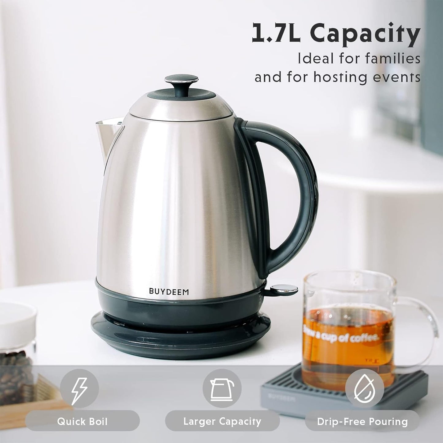 BUYDEEM 1.7L Stainless Steel Electric Tea Kettle with Auto Shut-Off and Boil Dry Protection