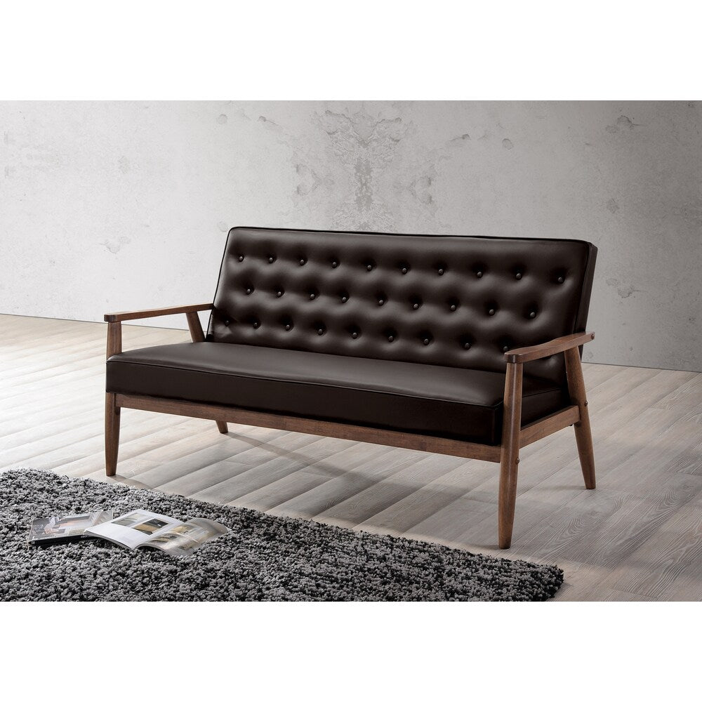 Baxton Studio Sorrento Mid-century Retro Modern Brown Faux Leather Upholstered Wooden 3-seater Sofa