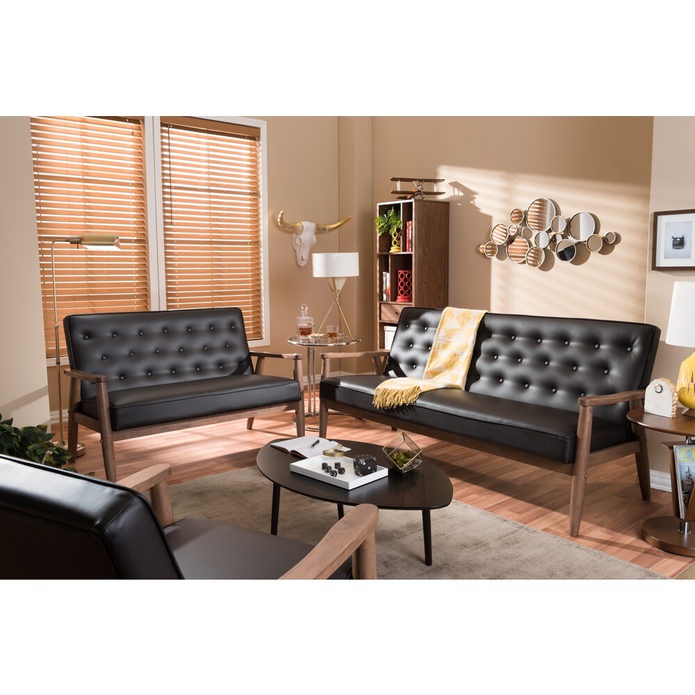 Baxton Studio Sorrento Mid-century Retro Modern Brown Faux Leather Upholstered Wooden 3-seater Sofa