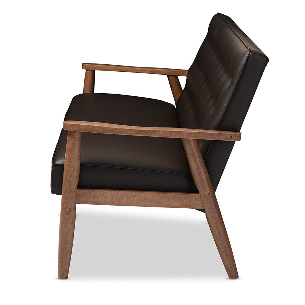 Baxton Studio Sorrento Mid-century Retro Modern Brown Faux Leather Upholstered Wooden 3-seater Sofa