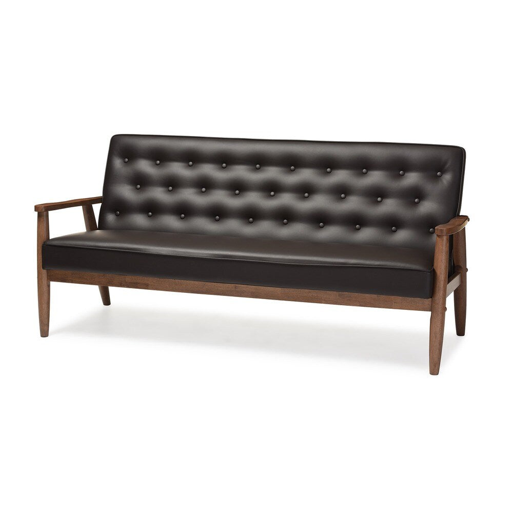 Baxton Studio Sorrento Mid-century Retro Modern Brown Faux Leather Upholstered Wooden 3-seater Sofa