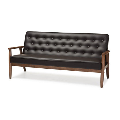 Baxton Studio Sorrento Mid-century Retro Modern Brown Faux Leather Upholstered Wooden 3-seater Sofa
