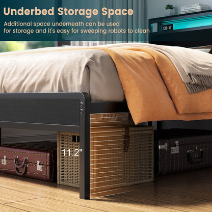 Farmhouse Wood Platform Bed Frame with Charged Station and LED Lights