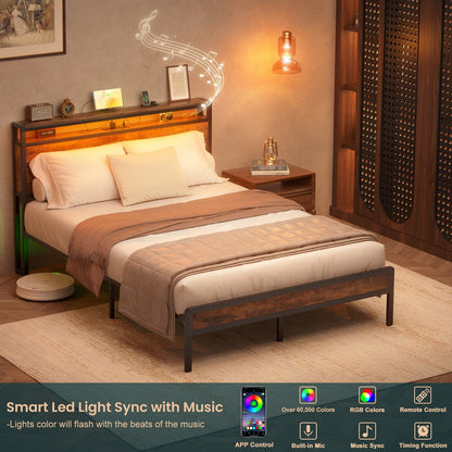 Farmhouse Wood Platform Bed Frame with Charged Station and LED Lights