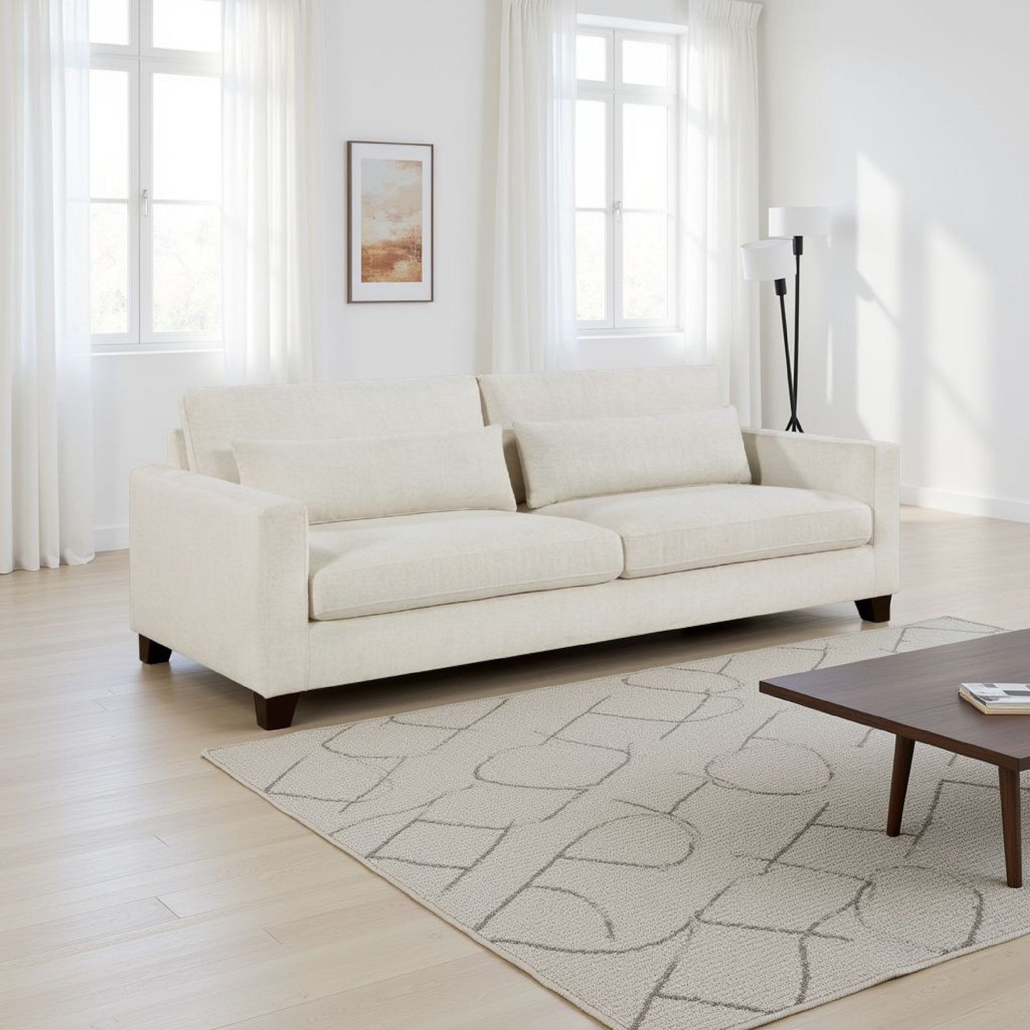 Bior Sofa, 2 Lumbar Pillows, Ivory Fabric, 89 Inch, Modern Design
