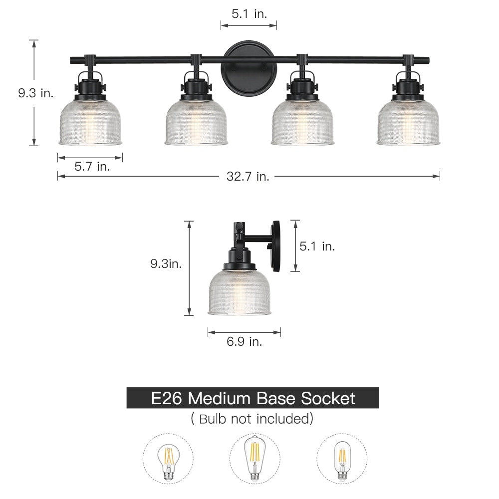 Black Bathroom Vanity Wall Light with Clear Prismatic Glass Shade