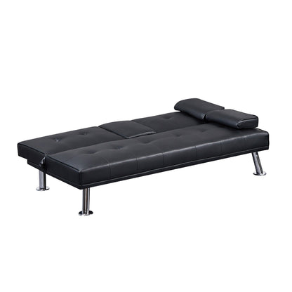 Black Faux Leather Loveseat Sofa Bed With Cup Holders , Convertible Folding Sleeper Couch Bed . - 31.50 x 65.75 x 29.53
