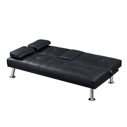 Black Faux Leather Loveseat Sofa Bed With Cup Holders , Convertible Folding Sleeper Couch Bed . - 31.50 x 65.75 x 29.53