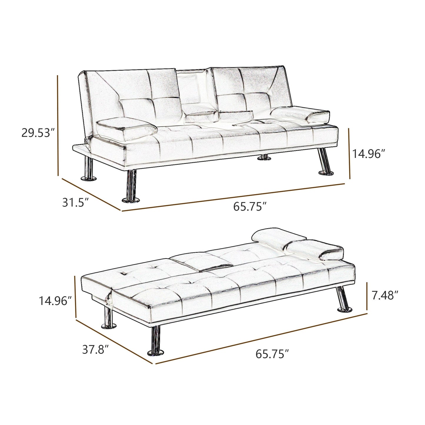 Black Faux Leather Loveseat Sofa Bed With Cup Holders , Convertible Folding Sleeper Couch Bed . - 31.50 x 65.75 x 29.53