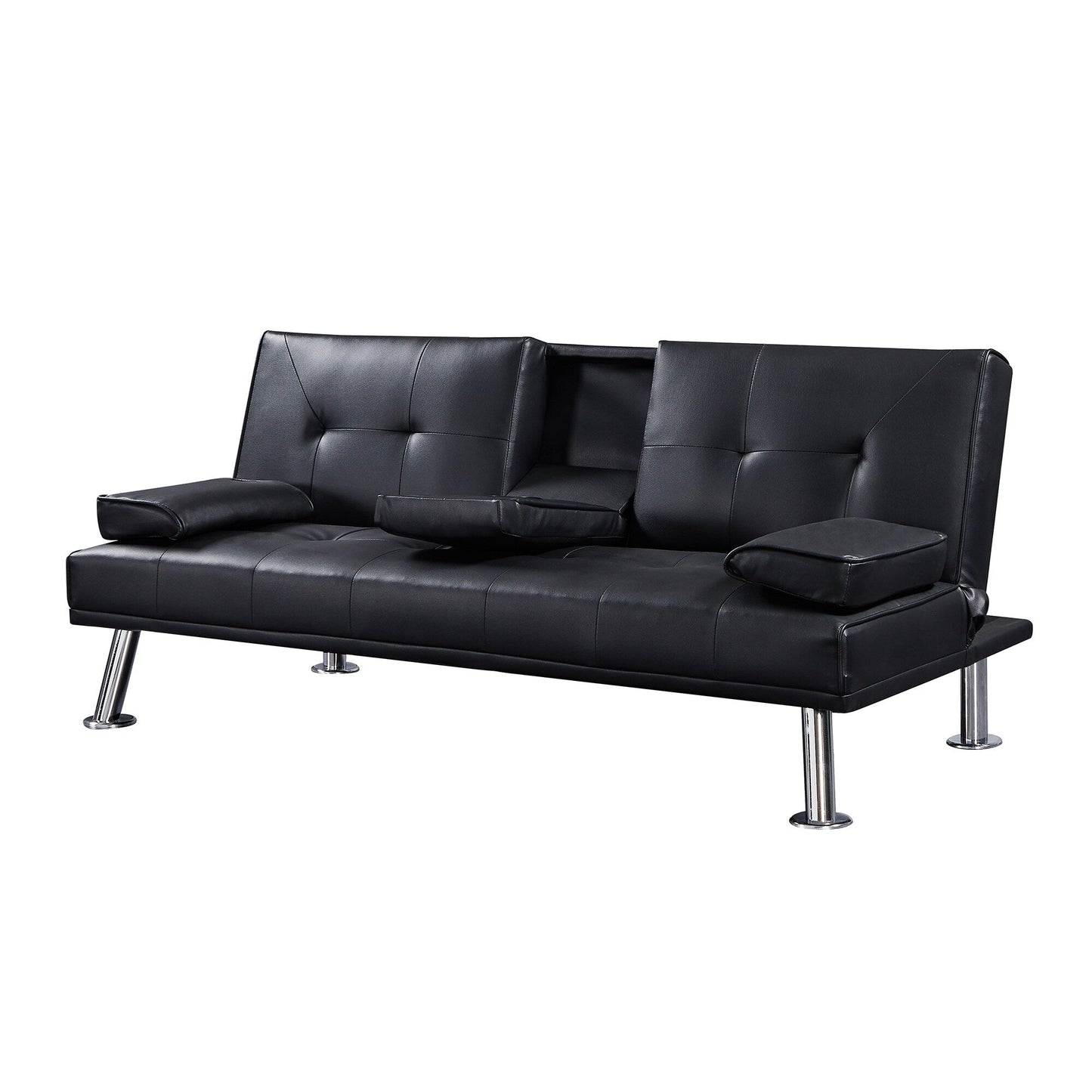 Black Faux Leather Loveseat Sofa Bed With Cup Holders , Convertible Folding Sleeper Couch Bed . - 31.50 x 65.75 x 29.53