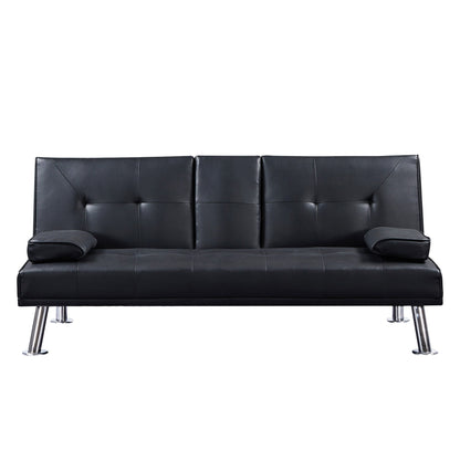 Black Faux Leather Loveseat Sofa Bed With Cup Holders , Convertible Folding Sleeper Couch Bed . - 31.50 x 65.75 x 29.53