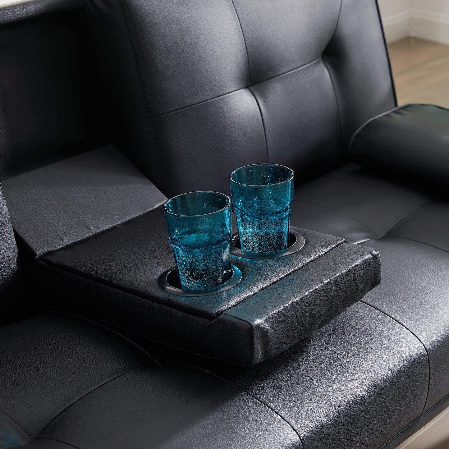 Black Faux Leather Loveseat Sofa Bed With Cup Holders , Convertible Folding Sleeper Couch Bed . - 31.50 x 65.75 x 29.53