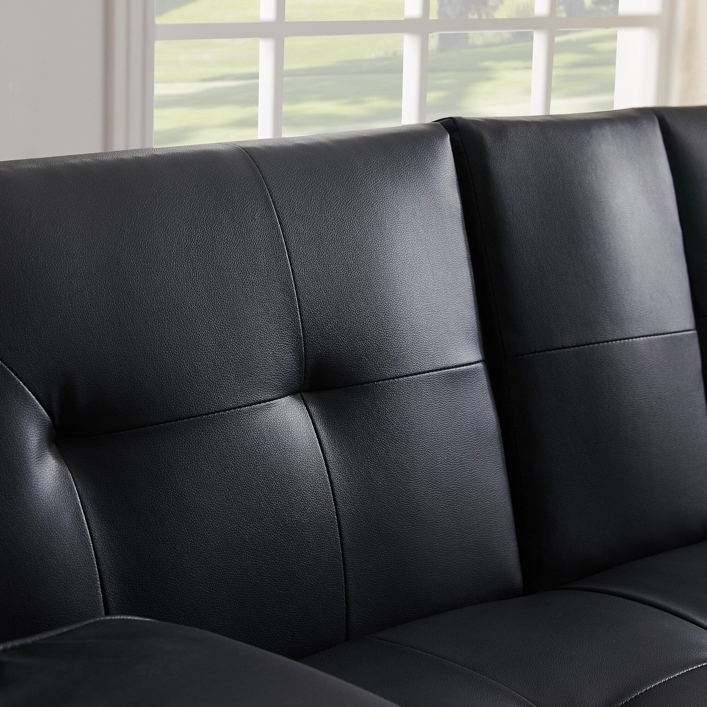 Black Faux Leather Loveseat Sofa Bed With Cup Holders , Convertible Folding Sleeper Couch Bed . - 31.50 x 65.75 x 29.53