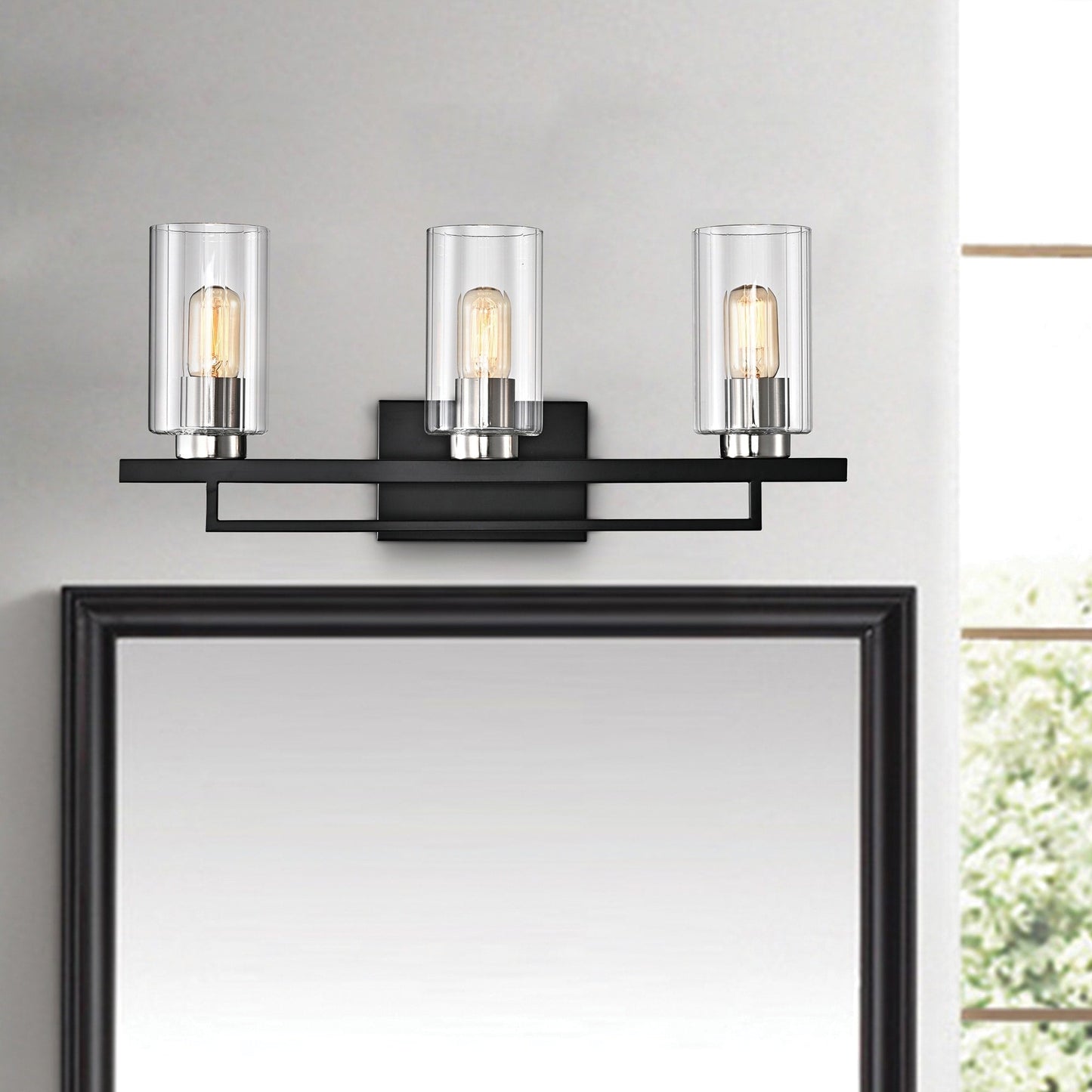Black and Brushed Nickel 3-Light Vanity with Clear Beveled Glass Shades