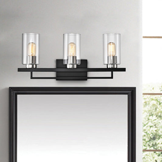 Black and Brushed Nickel 3-Light Vanity with Clear Beveled Glass Shades