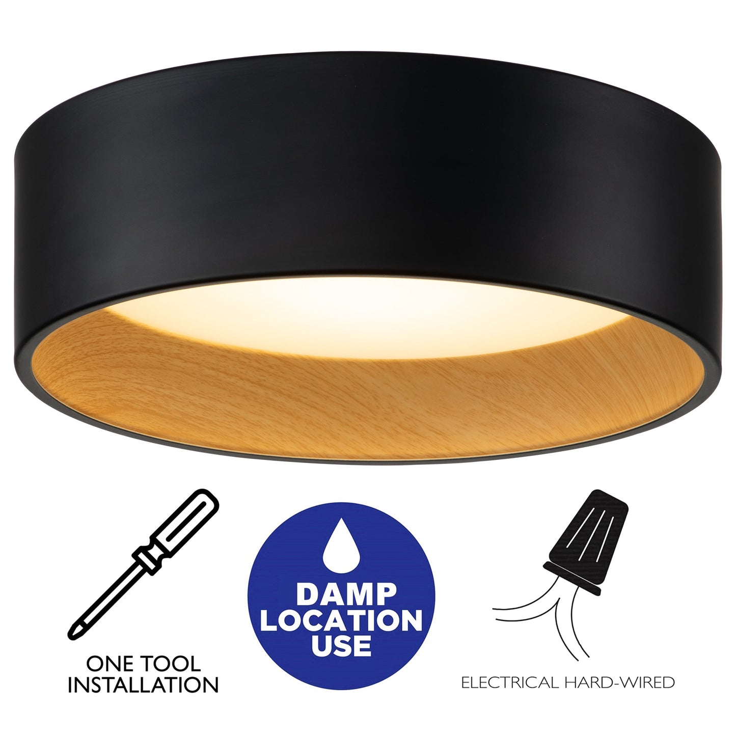 C Cattleya Black and Woodgrain 3CCT Integrated LED Flush Mount Ceiling Light