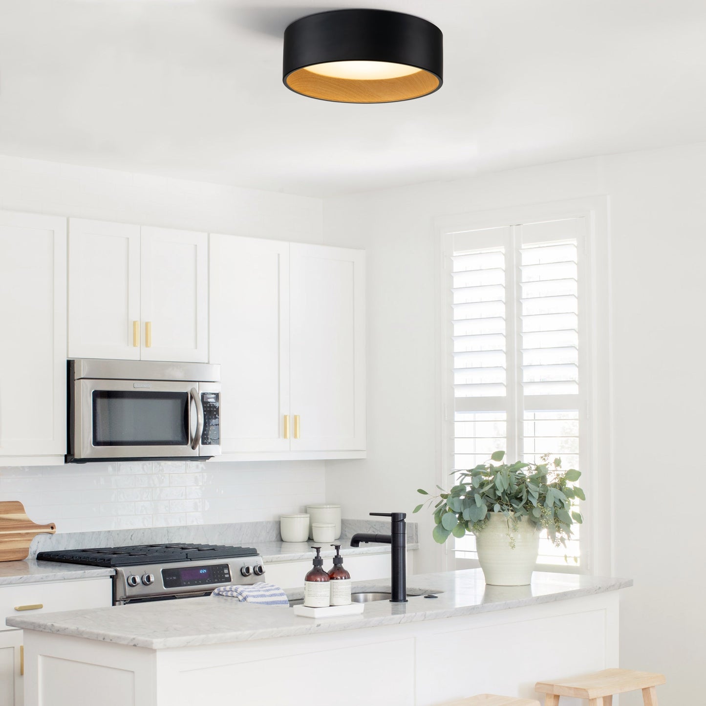 C Cattleya Black and Woodgrain 3CCT Integrated LED Flush Mount Ceiling Light