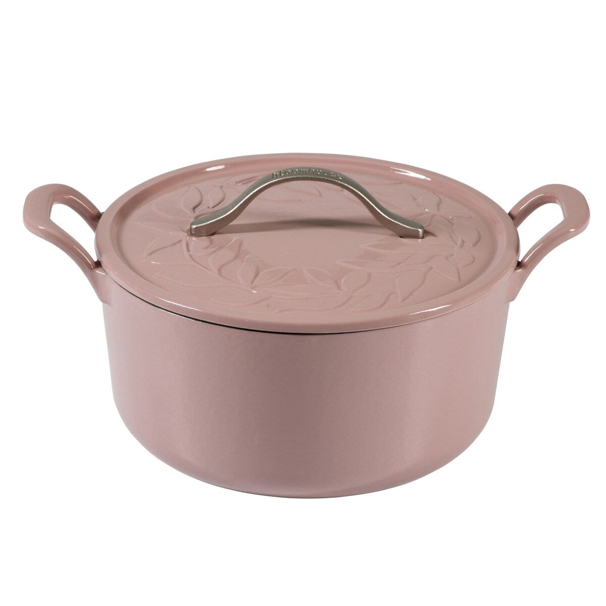 Bloomhouse 7 Qt Cast Iron Dutch Oven W/ Embossed Lid, European Glossy Enamel, & Walnut Wood Trivet