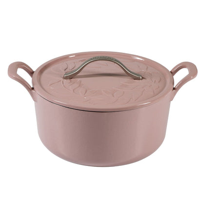 Bloomhouse 7 Qt Cast Iron Dutch Oven W/ Embossed Lid, European Glossy Enamel, & Walnut Wood Trivet