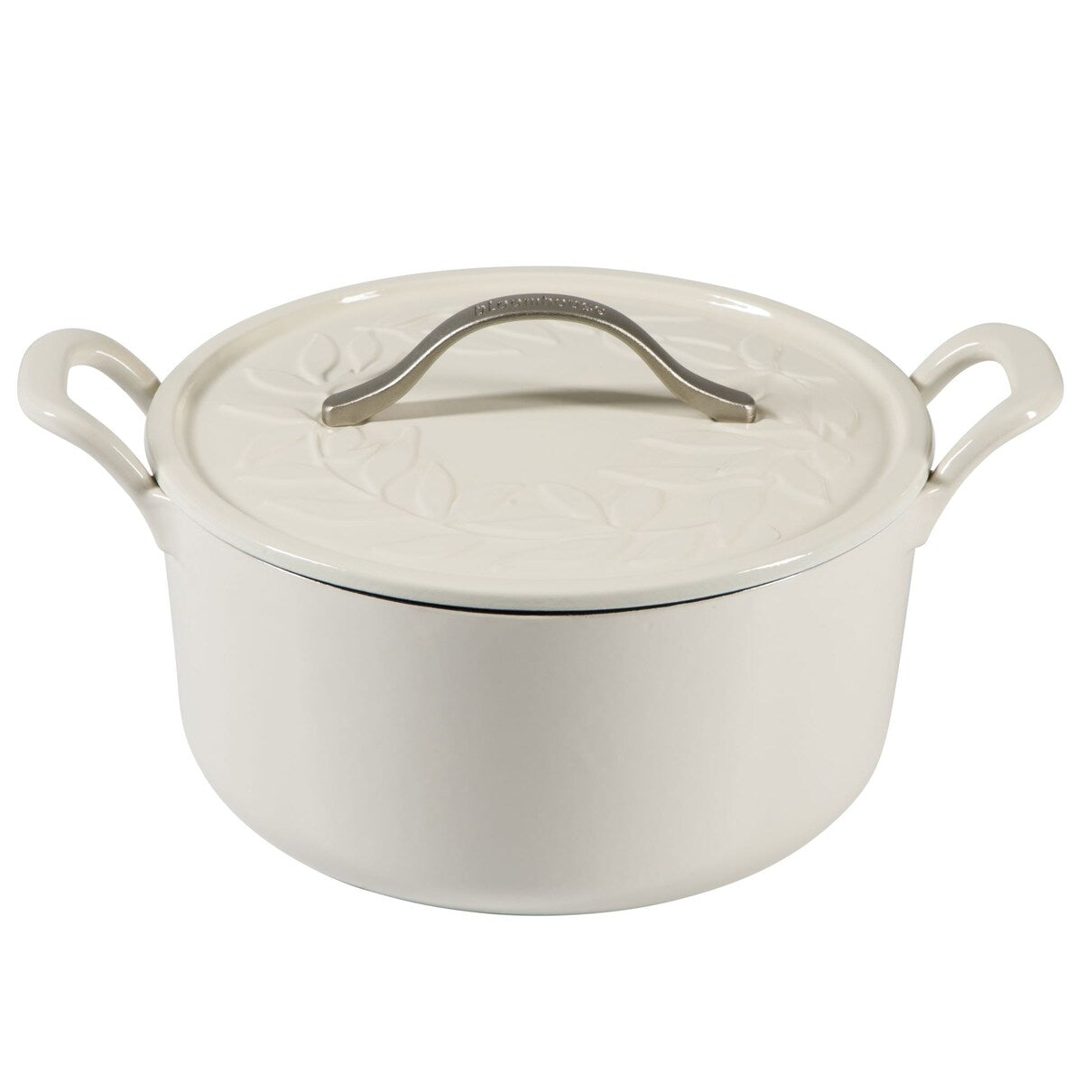Bloomhouse 7 Qt Cast Iron Dutch Oven W/ Embossed Lid, European Glossy Enamel, & Walnut Wood Trivet